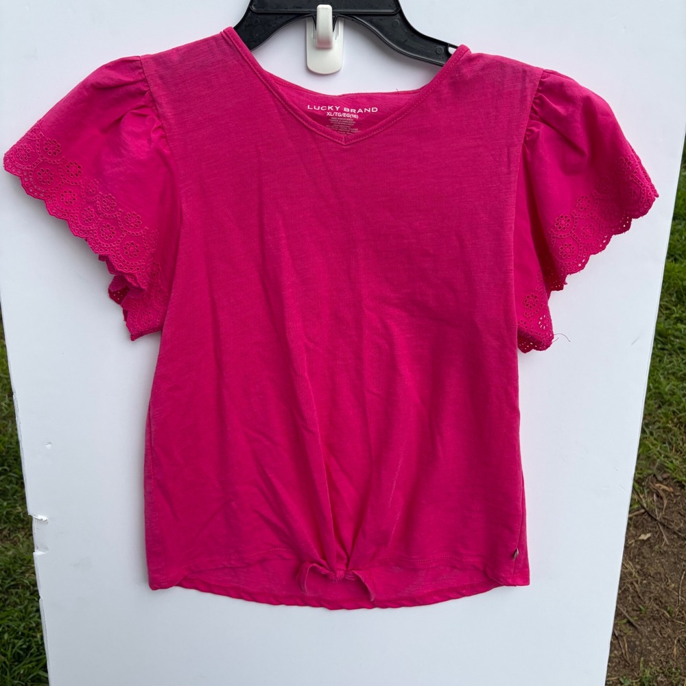 Lucky Brand Girls Pink Eyelet Flutter Sleeve Tie Front Top Shirt XL 16‎
